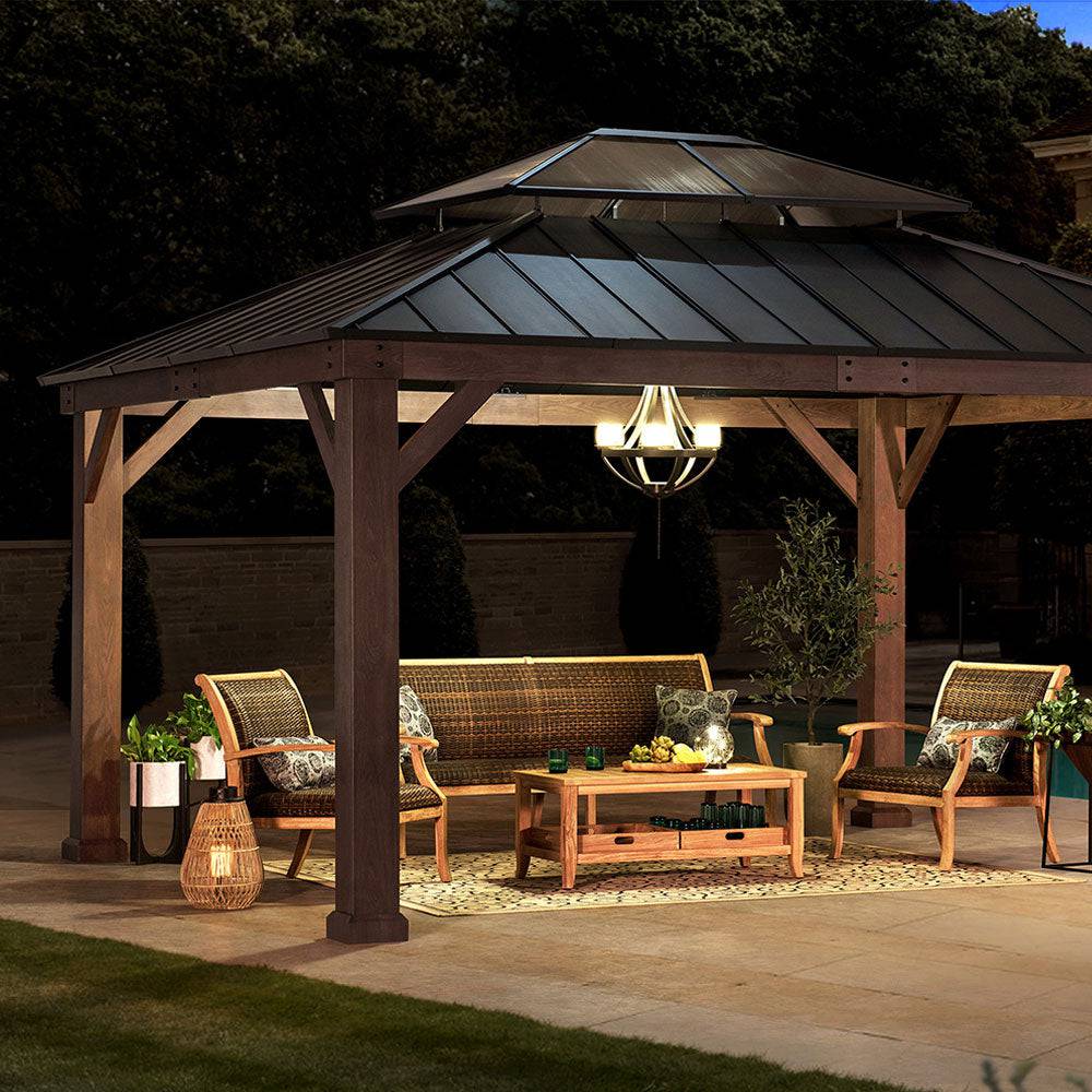 SUNJOY 13x15 Hardtop Gazebo, Wood Grain Aluminum Frame Metal Gazebo with 2-Tier Steel Roof and Hook 