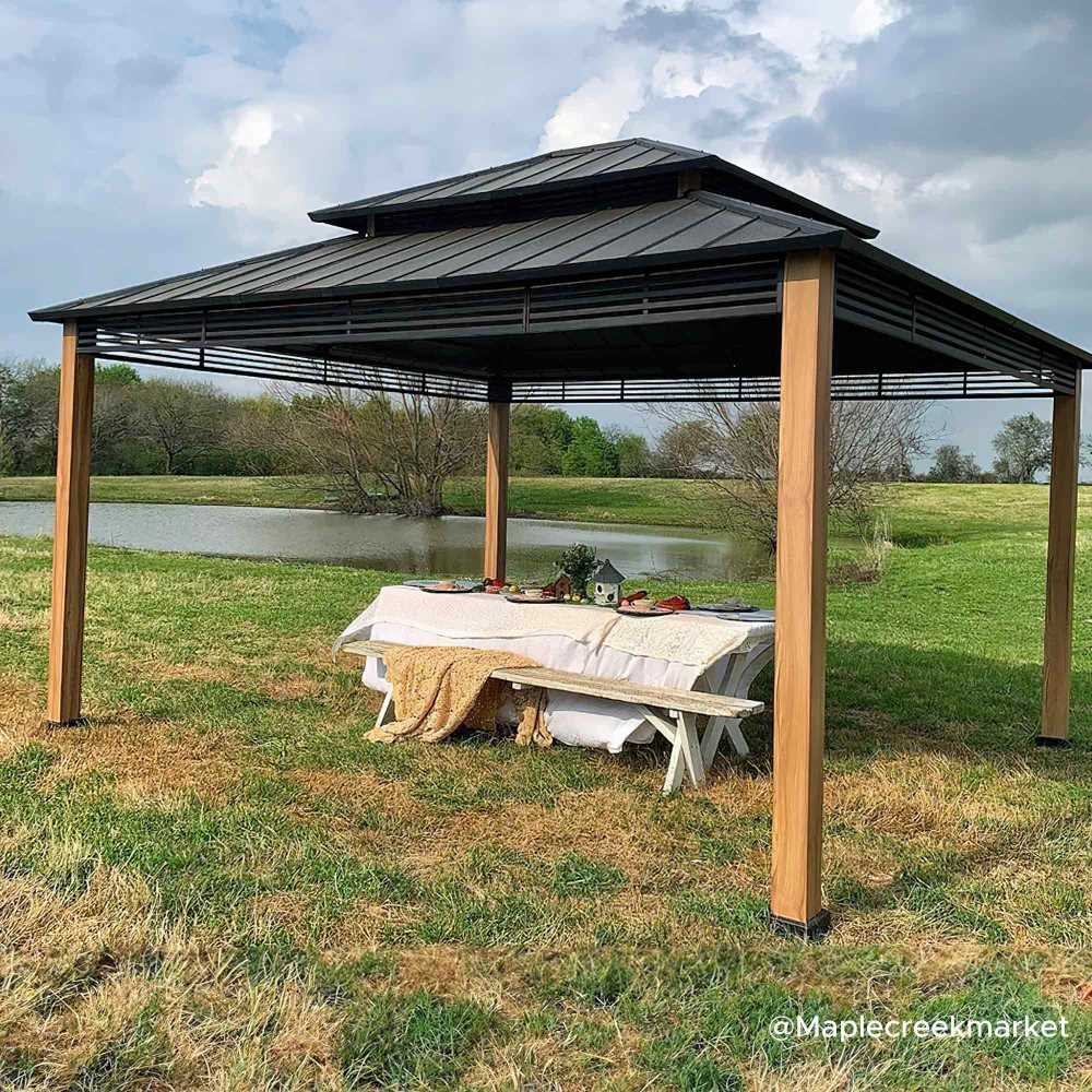 SUNJOY Outdoor Patio 13x15 Black 2-Tier Steel Backyard Hardtop Gazebo with Metal Ceiling Hook 
