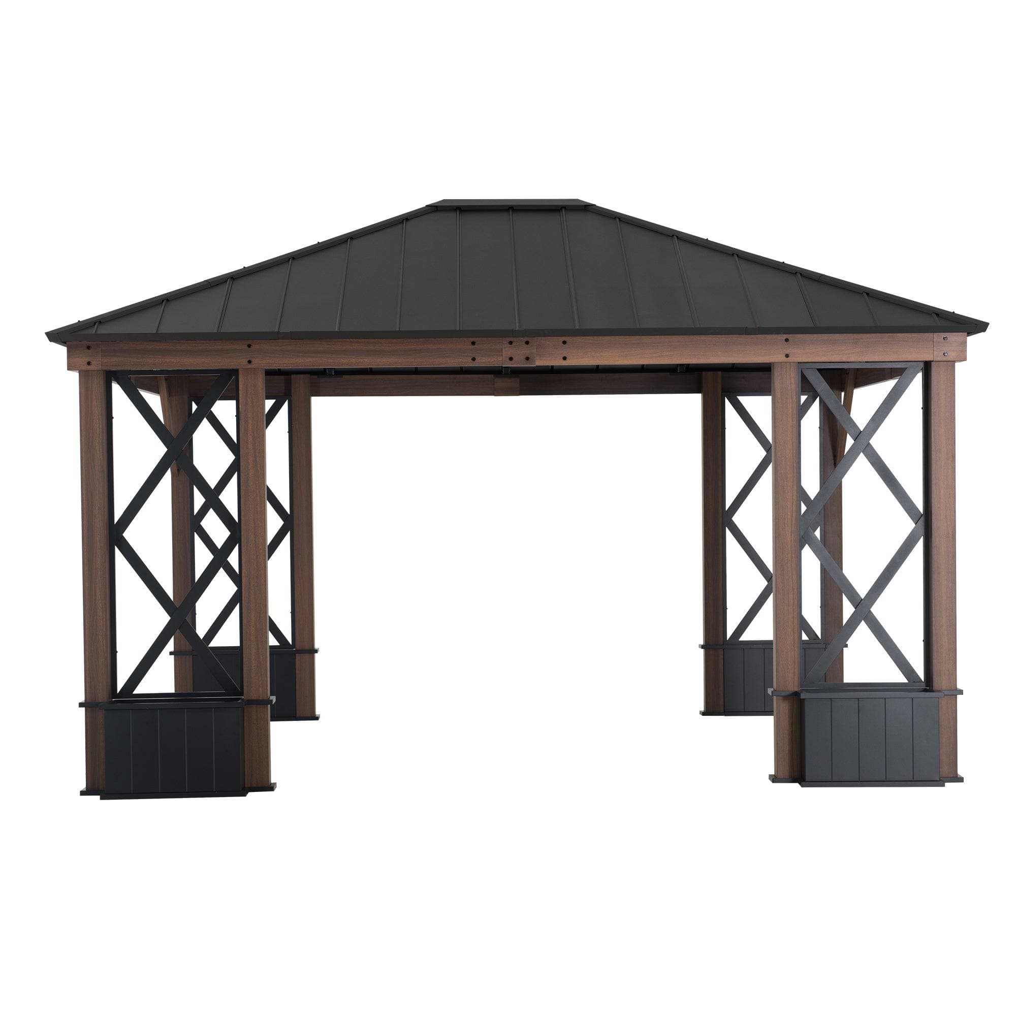 SUNJOY 13x15 Hardtop Gazebo Outdoor Black Steel Roof Gazebo Backyard Aluminum Framed Gazebo with Planters and Ceiling Hook 