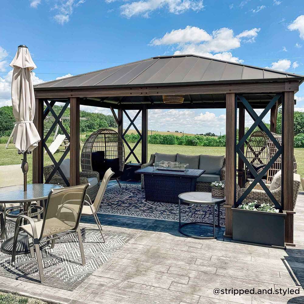 SUNJOY 13x15 Hardtop Gazebo Outdoor Black Steel Roof Gazebo Backyard Aluminum Framed Gazebo with Planters and Ceiling Hook 