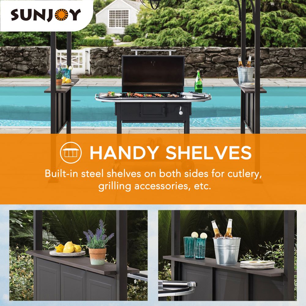 SUNJOY Outdoor Patio 5x8 Brown 2-Tier Steel Backyard Hardtop Grill Gazebo with Metal Ceiling Hook and Bar Shelves 