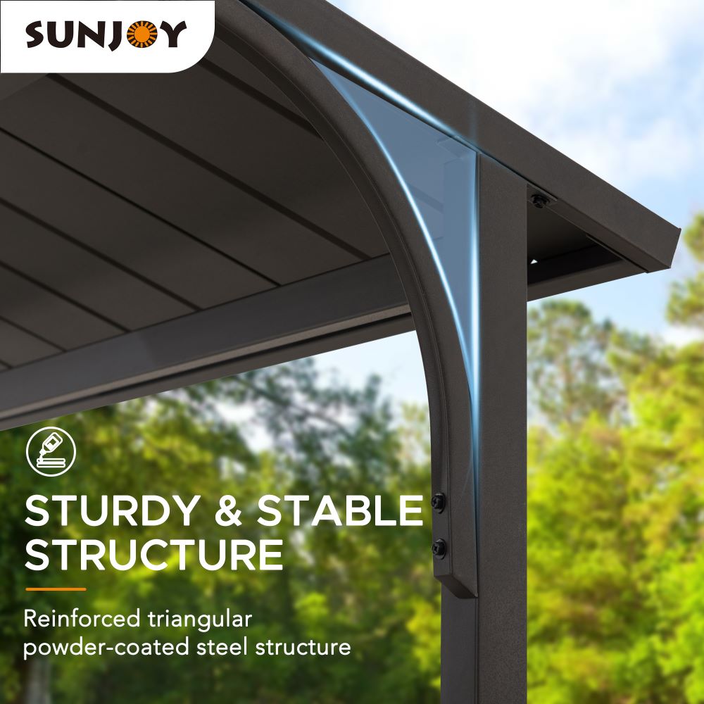 SUNJOY Outdoor Patio 5x8 Brown 2-Tier Steel Backyard Hardtop Grill Gazebo with Metal Ceiling Hook and Bar Shelves 