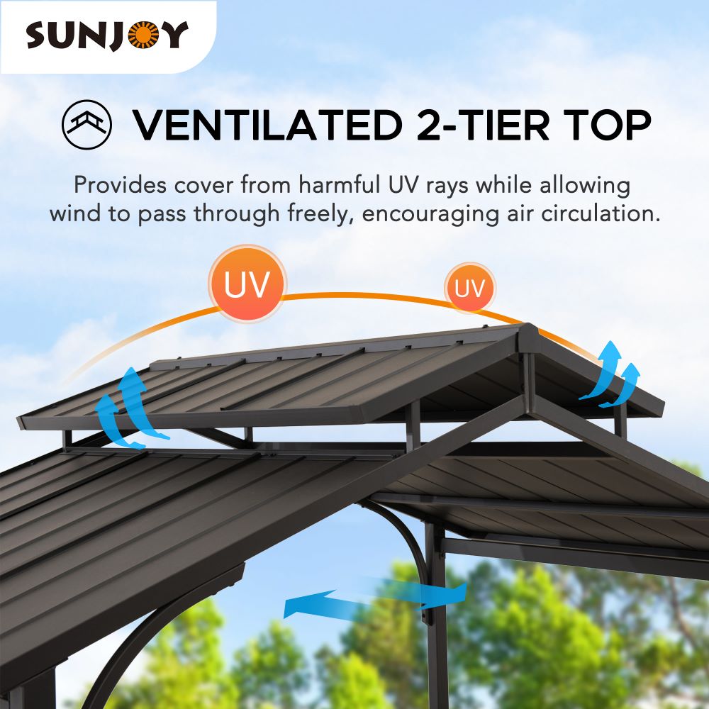 SUNJOY Outdoor Patio 5x8 Brown 2-Tier Steel Backyard Hardtop Grill Gazebo with Metal Ceiling Hook and Bar Shelves 