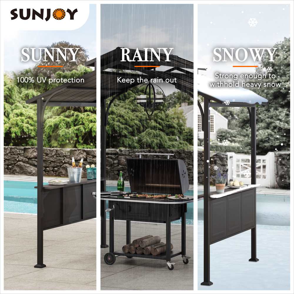 SUNJOY Outdoor Patio 5x8 Brown 2-Tier Steel Backyard Hardtop Grill Gazebo with Metal Ceiling Hook and Bar Shelves 