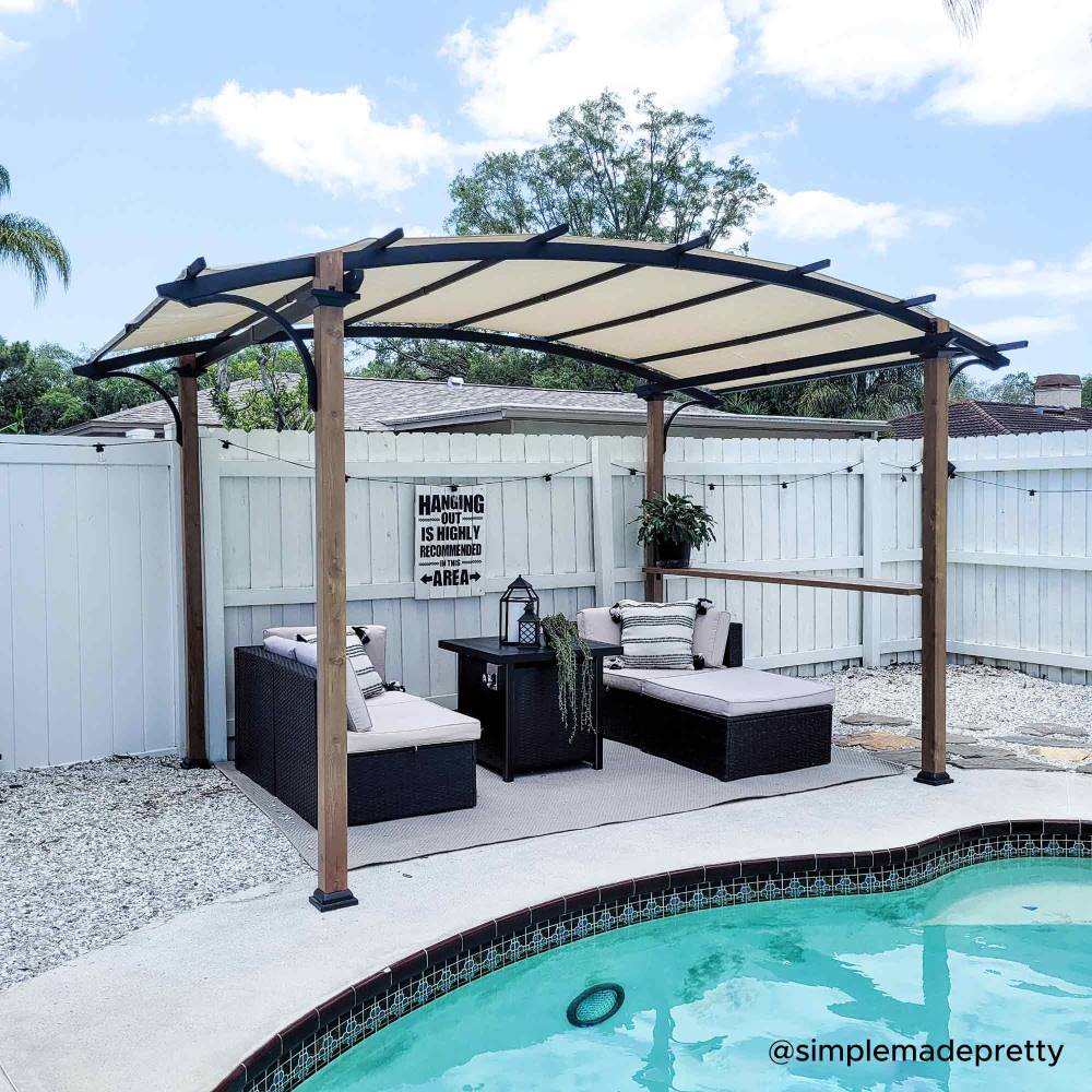 SUNJOY Outdoor Patio 9x13 Modern Tan Metal Arched Pergola Kit with Bar Shelf 