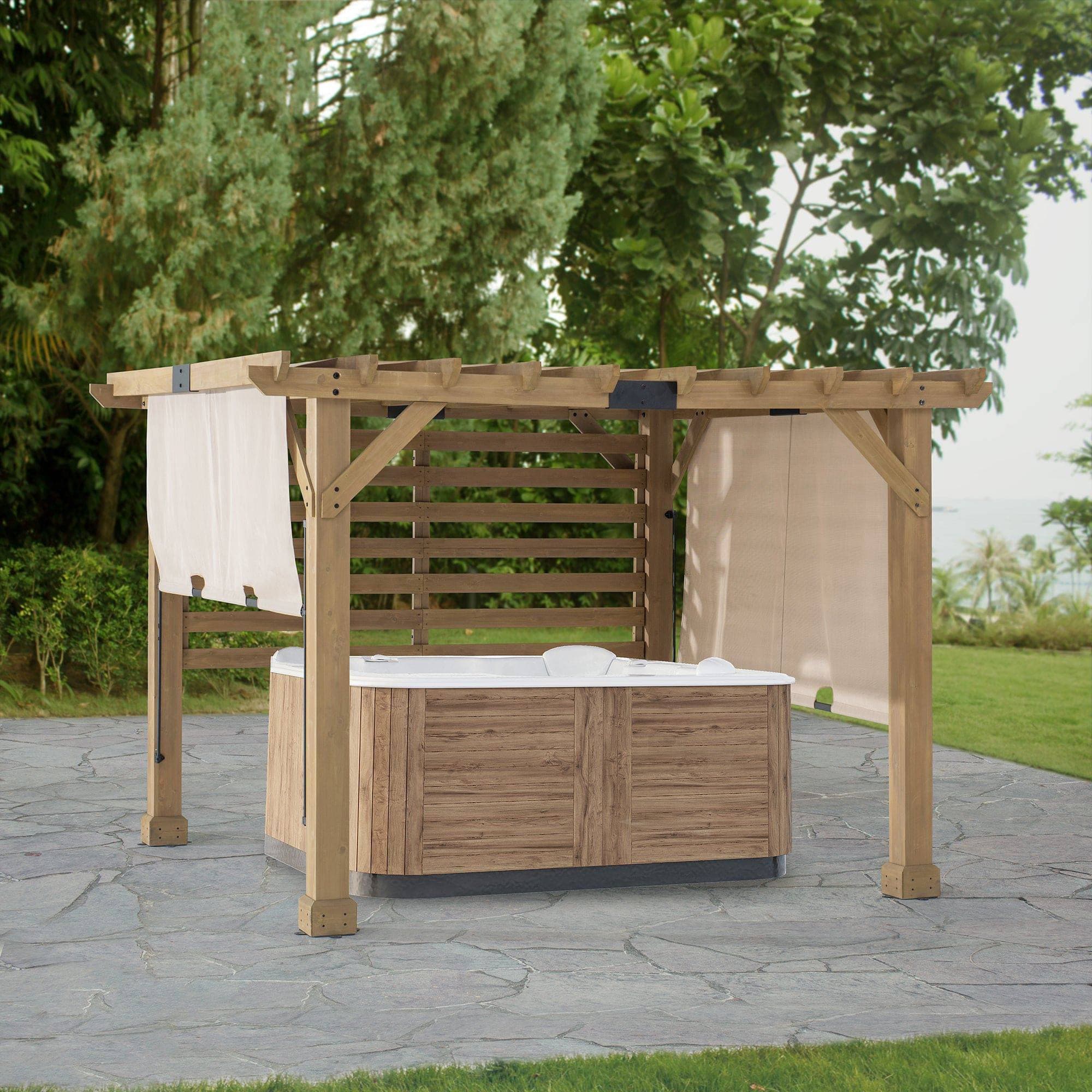 SUNJOY Outdoor Patio 10x11 Modern Wooden Frame Privacy Screen Hot Tub Pergola Kit with Tan Adjustable Canopy 