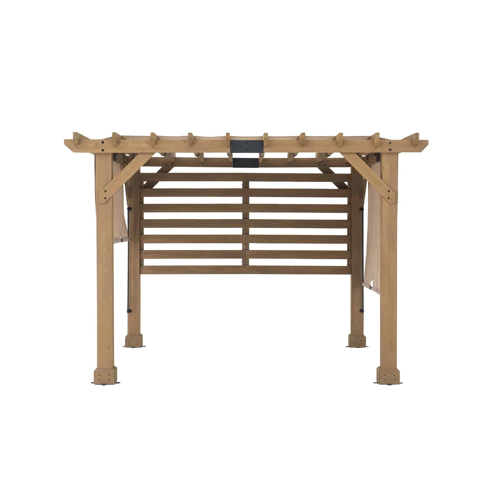 SUNJOY Outdoor Patio 10x11 Modern Wooden Frame Privacy Screen Hot Tub Pergola Kit with Tan Adjustable Canopy 