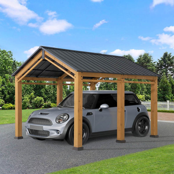 Sunjoy 11x13 Wood Carport, Black Gable Roof Wood Gazebo, Outdoor Living Pavilion with Ceiling Hook
