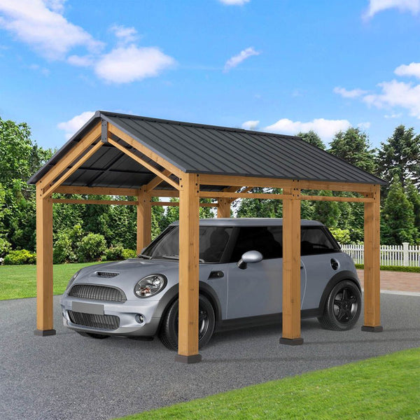 SUNJOY 11x13 Wood Carport, Black Gable Roof Wood Gazebo, Outdoor Living Pavilion with Ceiling Hook