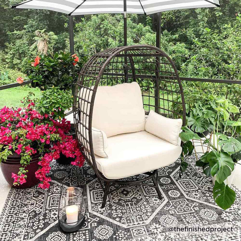 Sunjoy Outdoor Patio Metal Wicker Swivel Egg Cuddle Chair with Cushion