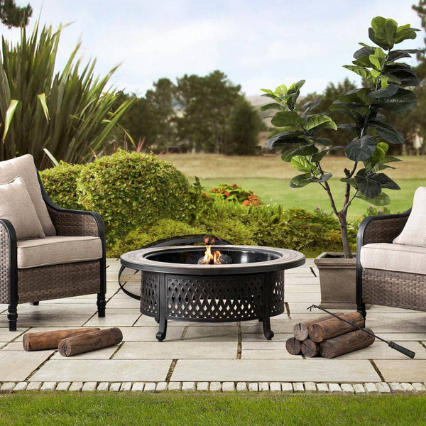 SUNJOY 40 Inch Outdoor Fire Pit Black Steel Patio Fire Pit Wood Burning Backyard Fire Pit with Ceramic Tile Table Top and Fire Poker