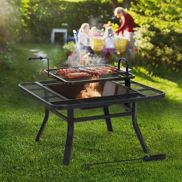 SUNJOY 38 Inch Outdoor Fire Pit Black Steel Patio Fire Pit Large Wood Burning Fire Pit with Adjustable Grill and Fire Poker