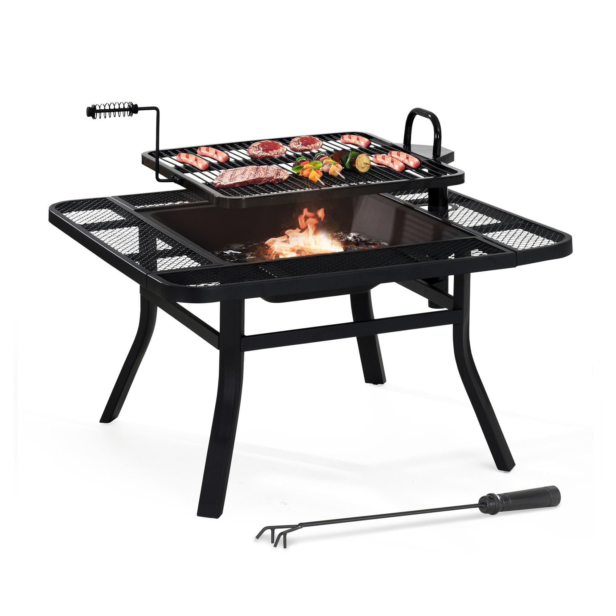 SUNJOY 38 Inch Outdoor Fire Pit Black Steel Patio Fire Pit Large Wood Burning Fire Pit with Adjustable Grill and Fire Poker